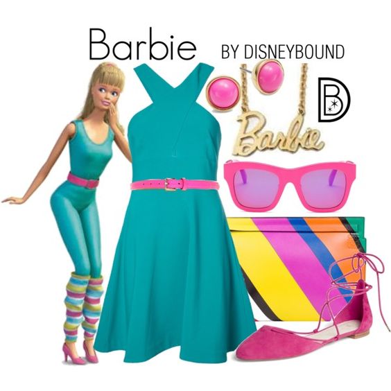 Outfits inspirados en Barbie de Toy Story Disney, vestido verde aqua, lentes, aretes y zapatos rosas, dije de barbie