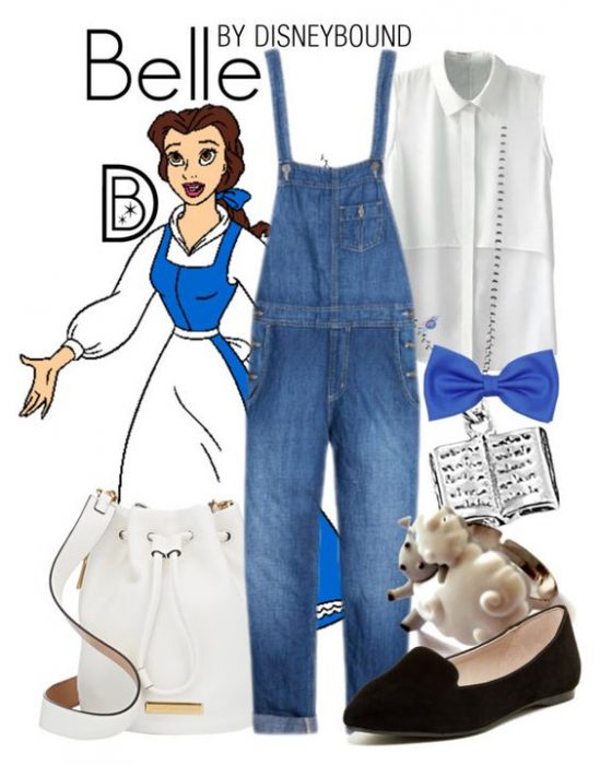 Outfits inspirados en Bella de Disney, blusa blanca, overol, moño azul, zapatos negros y bolsa blanca