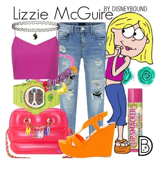 Outfits inspirados en Lizzie McGuire de Disney, pantalón de mezclilla, top rosa, reloj verde neón, plataformas naranja