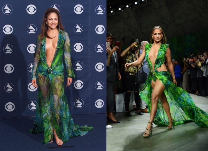 Comparación de Jennifer Lopez antes y ahora usando el vestido de a jungla