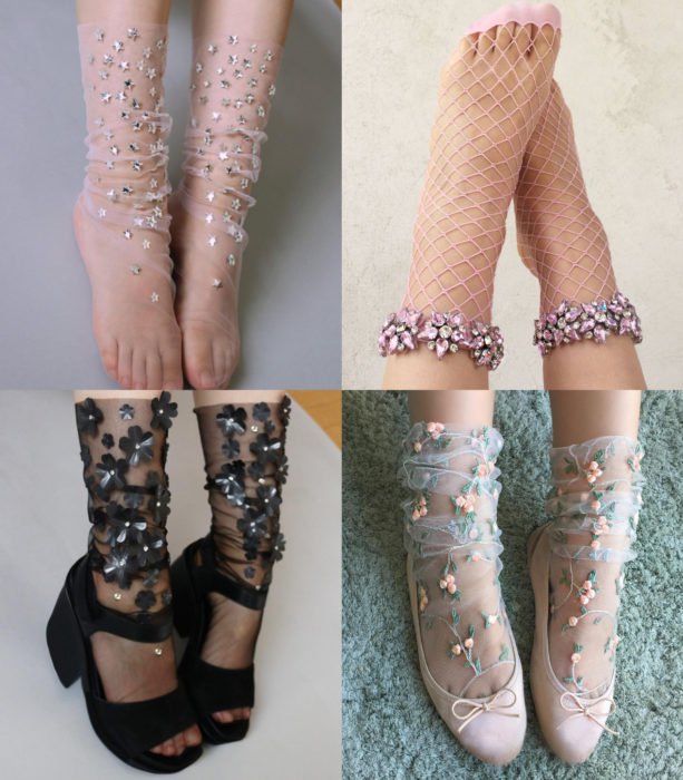 Ropa femenina de Lirika Matoshi; calcetas de gasa con pedrería y flores bordadas